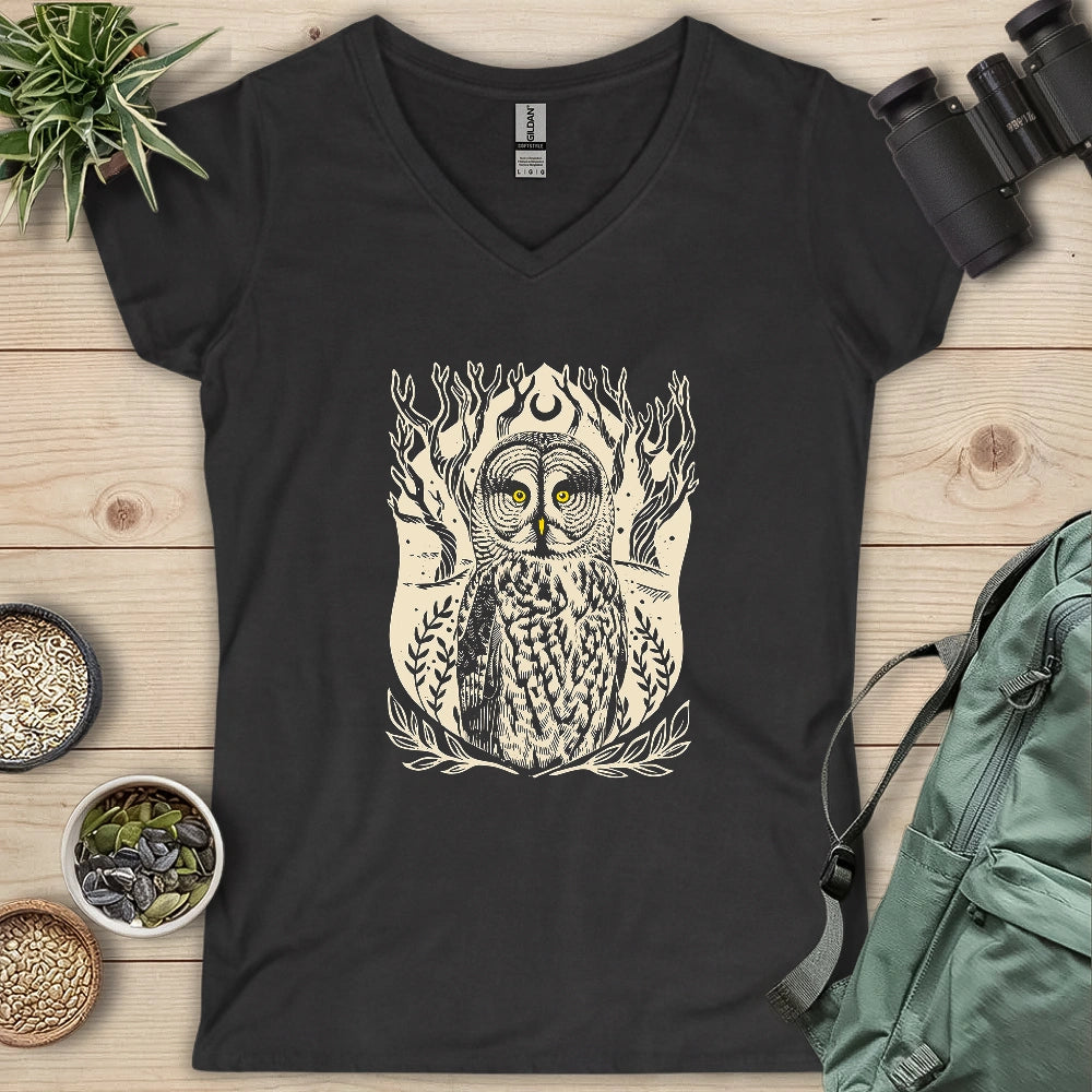 Great Grey Owl Linocut Lady V-neck