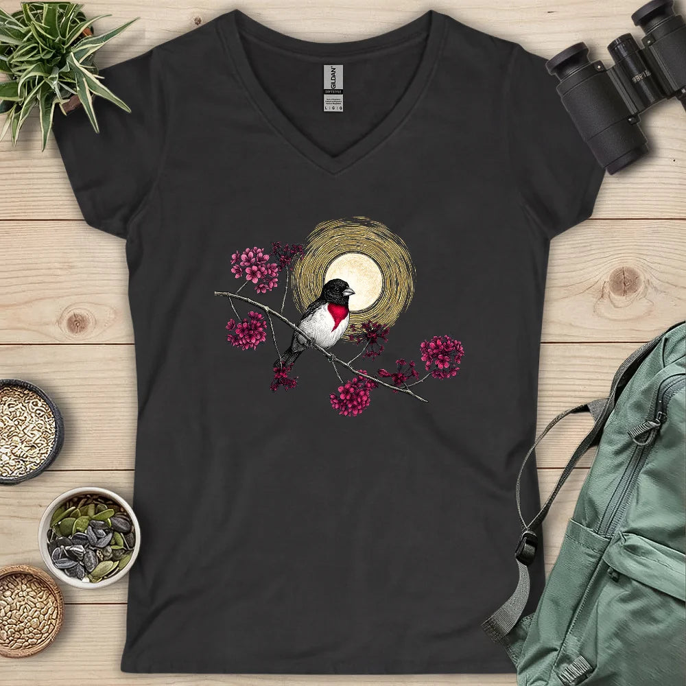 Grosbeak Under Forest's Moonlight Lady V-neck