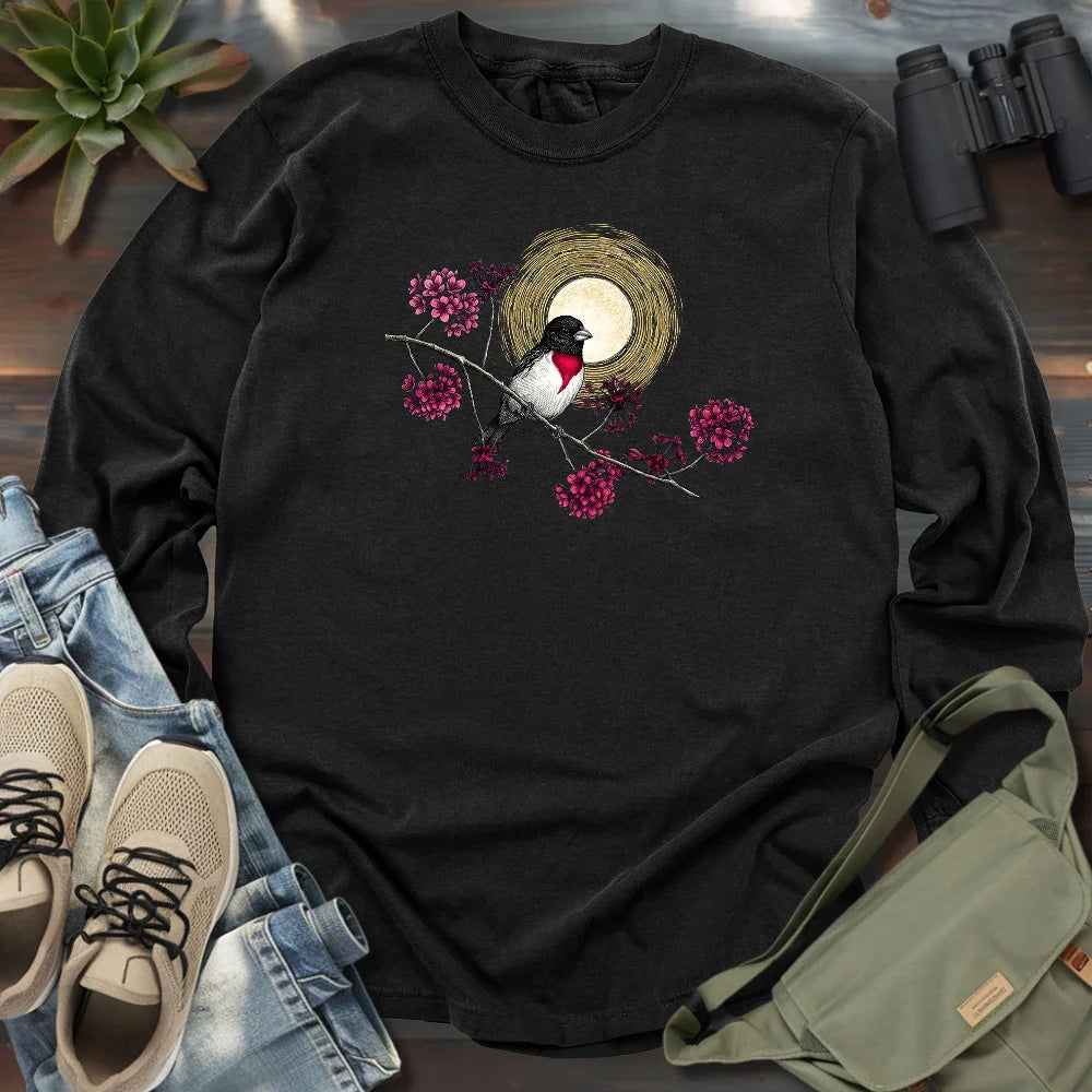 Grosbeak Under Forest's Moonlight Long Sleeve T-shirt
