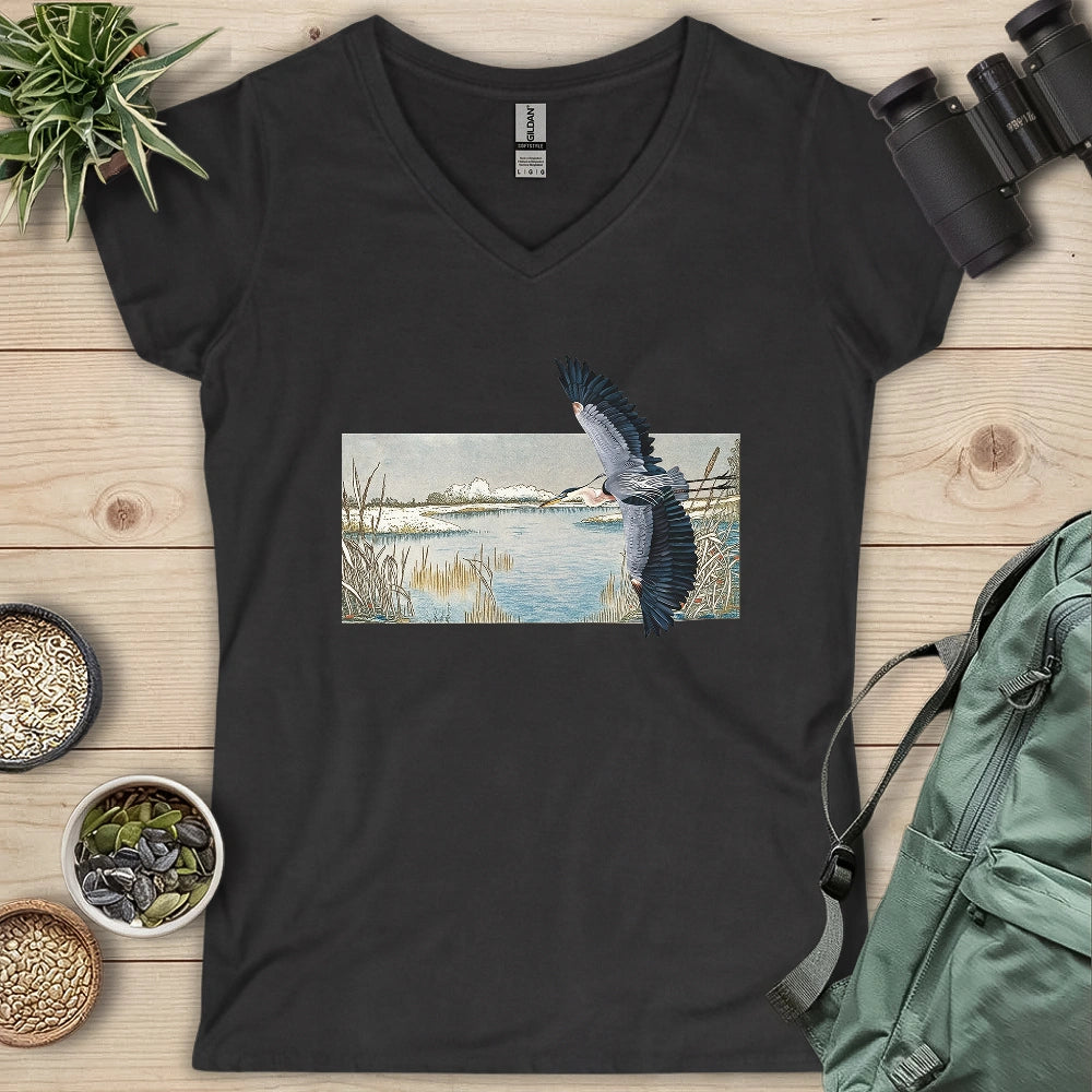 Heron Flying Over Marsh Lady V-neck