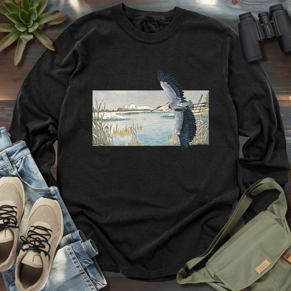 Heron Flying Over Marsh Long Sleeve T-shirt