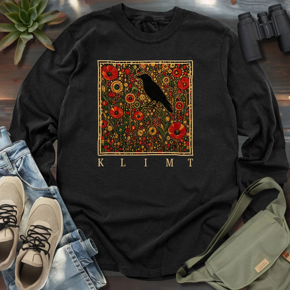 Klimt Raven In Flower Field Long Sleeve T-shirt