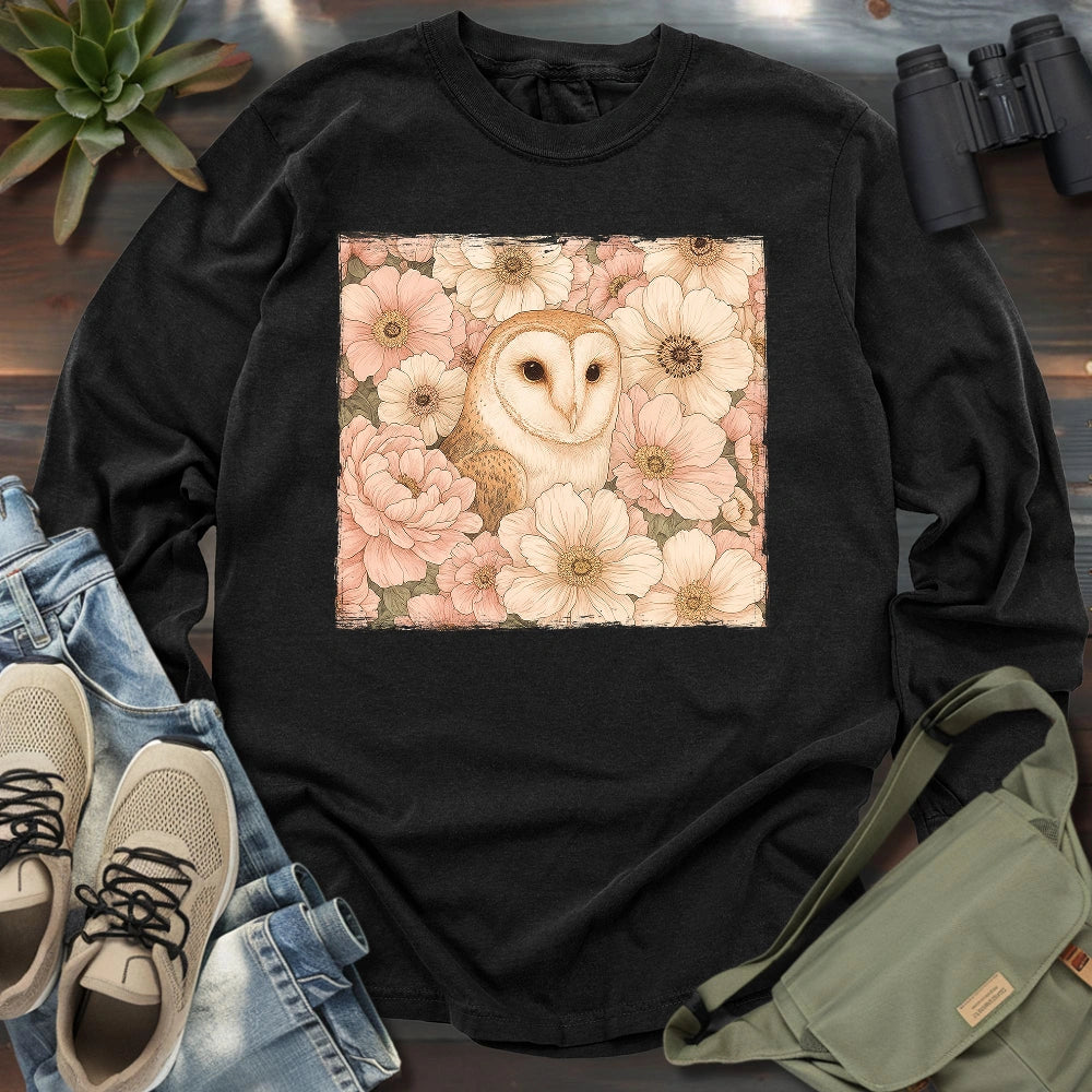 Owl In Flower Field Long Sleeve T-shirt