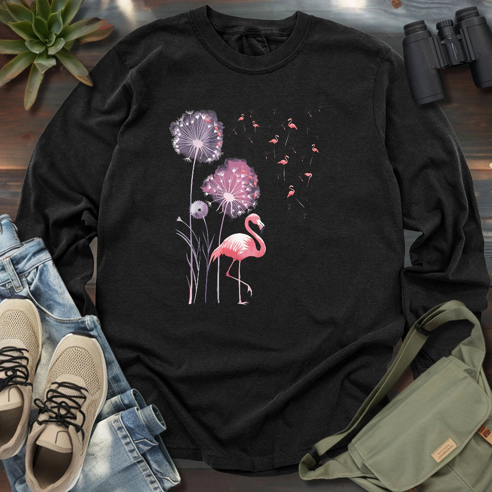 Pink Flamingo Dandelion Long Sleeve T-shirt