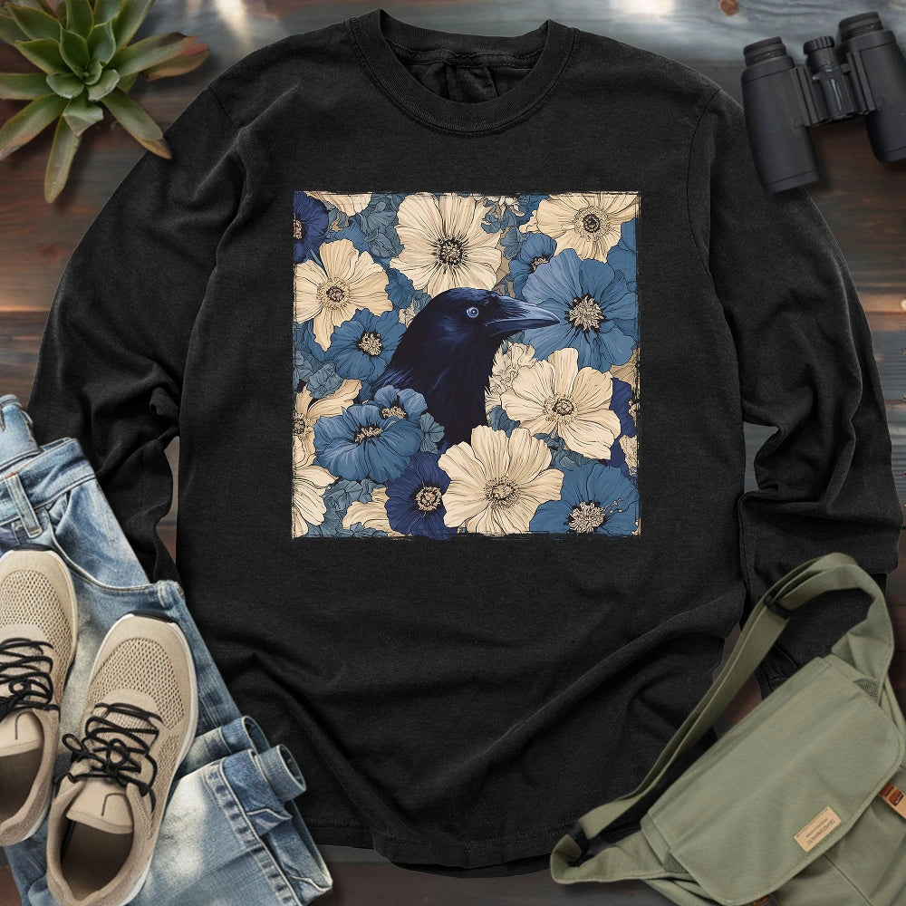 Raven In Flower Field Long Sleeve T-shirt