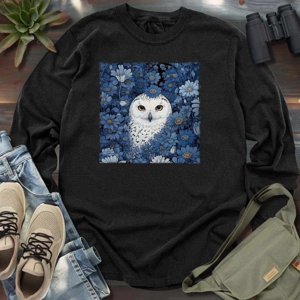 Snowy Owl In Flower Field Long Sleeve T-shirt