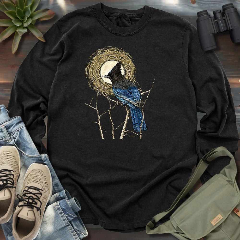 Steller's Jay Under Forest Moonlight Long Sleeve T-shirt