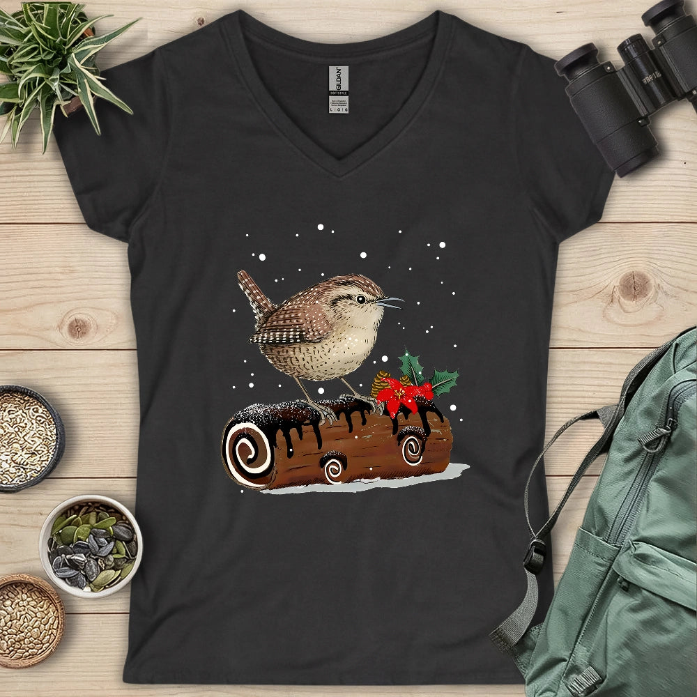 Winter Wren On Yule Log Lady V-neck