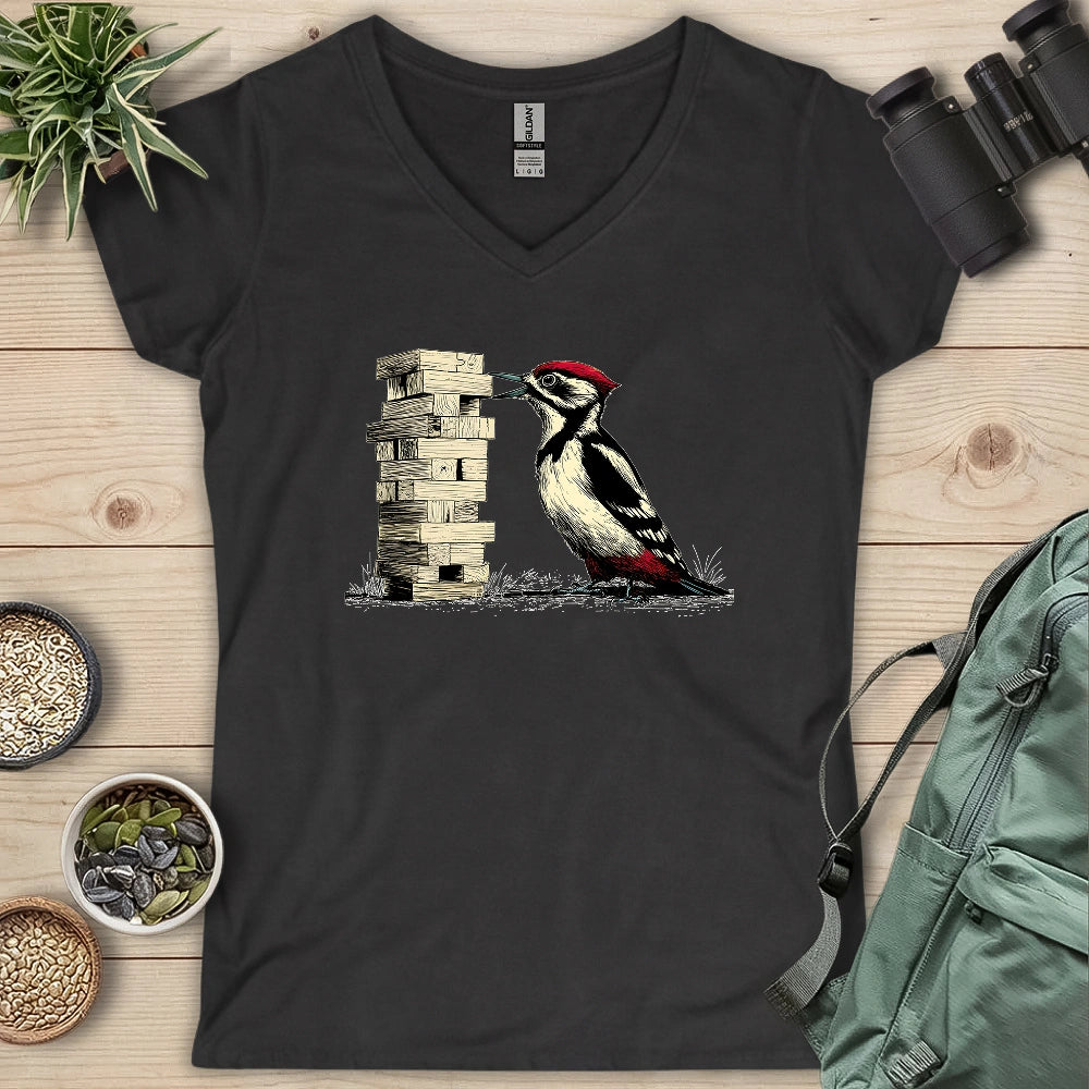 Woodpecker Playing Jenga Lady V-neck