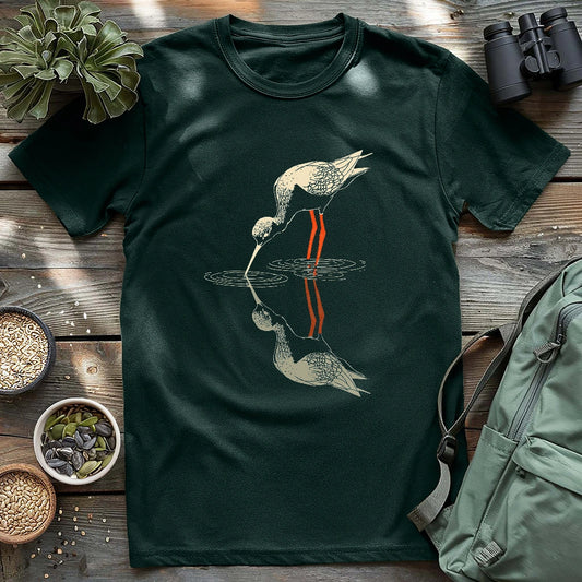 Black-necked stilt shadow on water shirt.