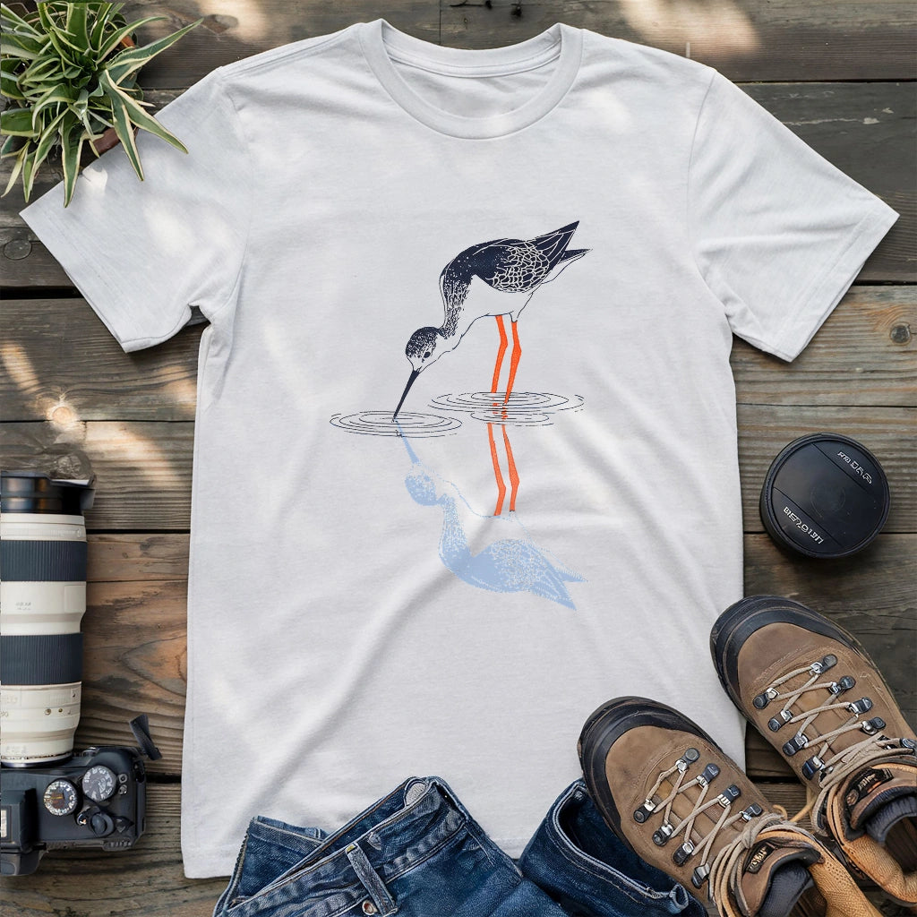 Black-necked stilt shadow on water shirt.