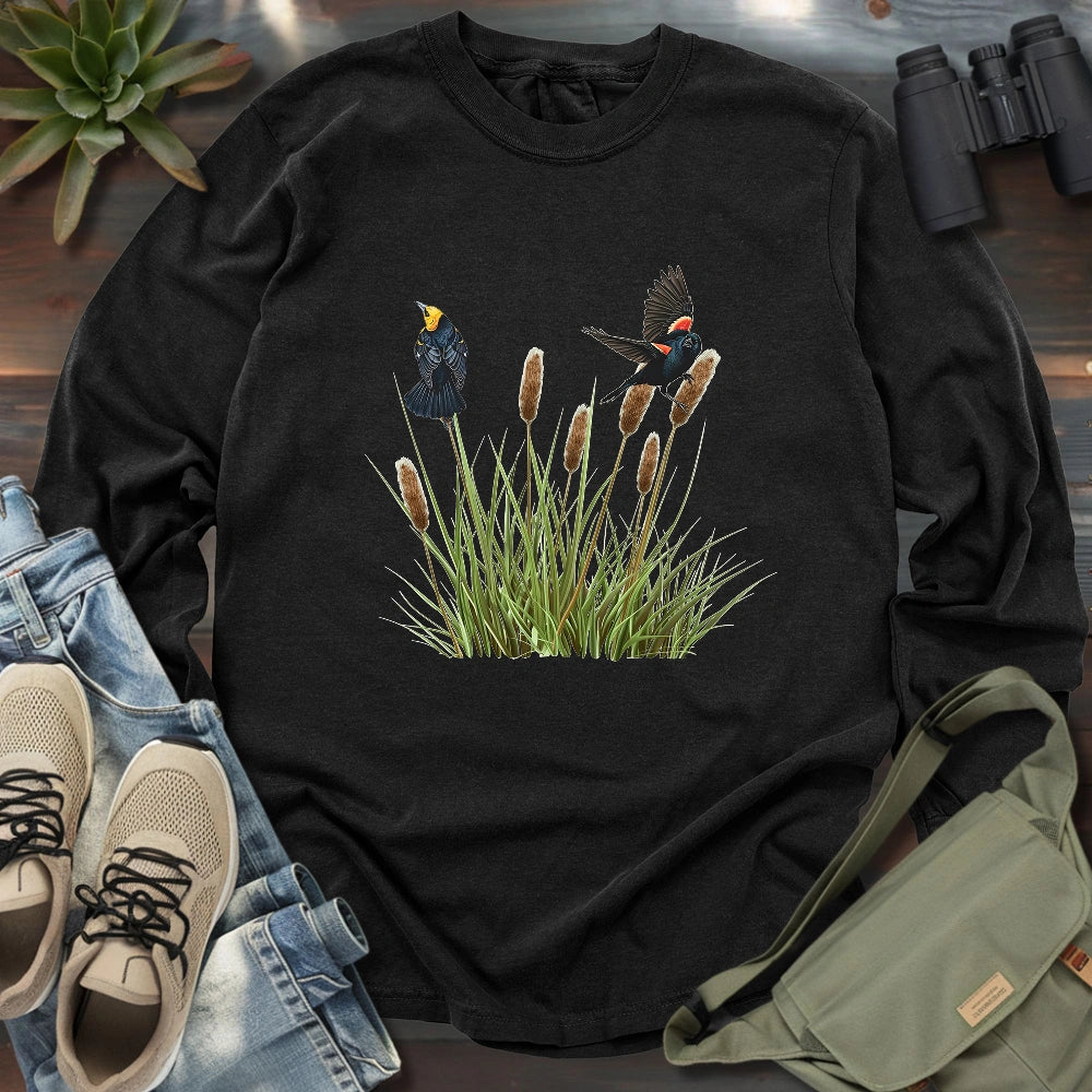 Blackbirds On Cattail Field Long Sleeve T-shirt