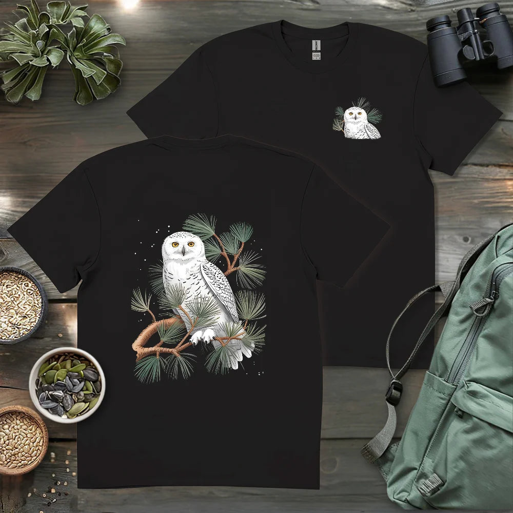 Snowy Owl On Coniferous Tree 2 Side T-shirt
