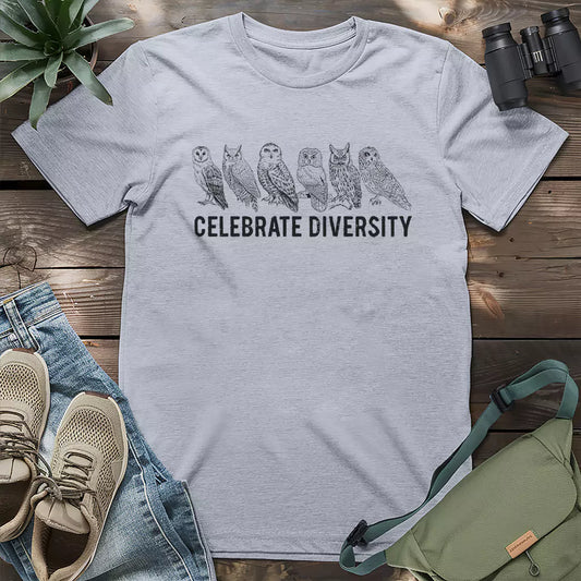 Athletic heather shirt showing diverse owl species with bold diversity message