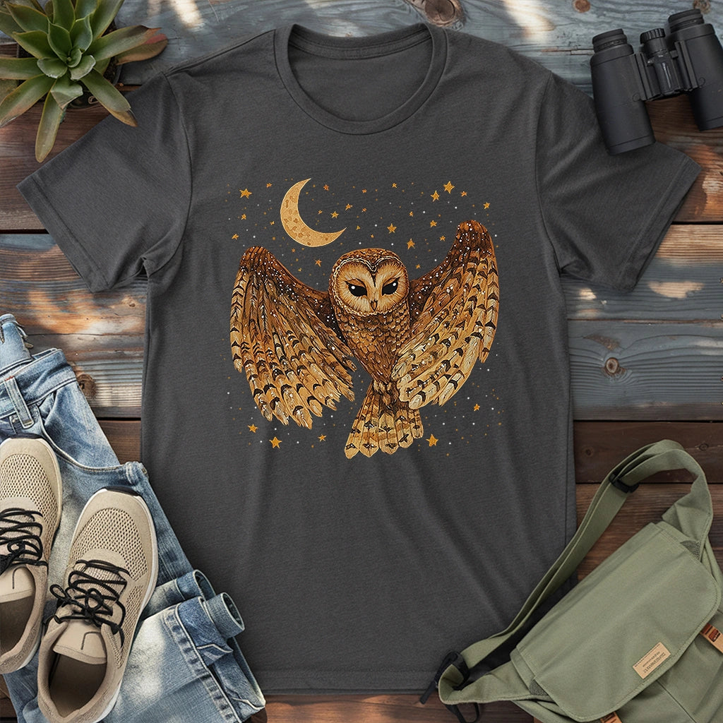 Dark grey heather owl graphic t-shirt with detailed owl in flight