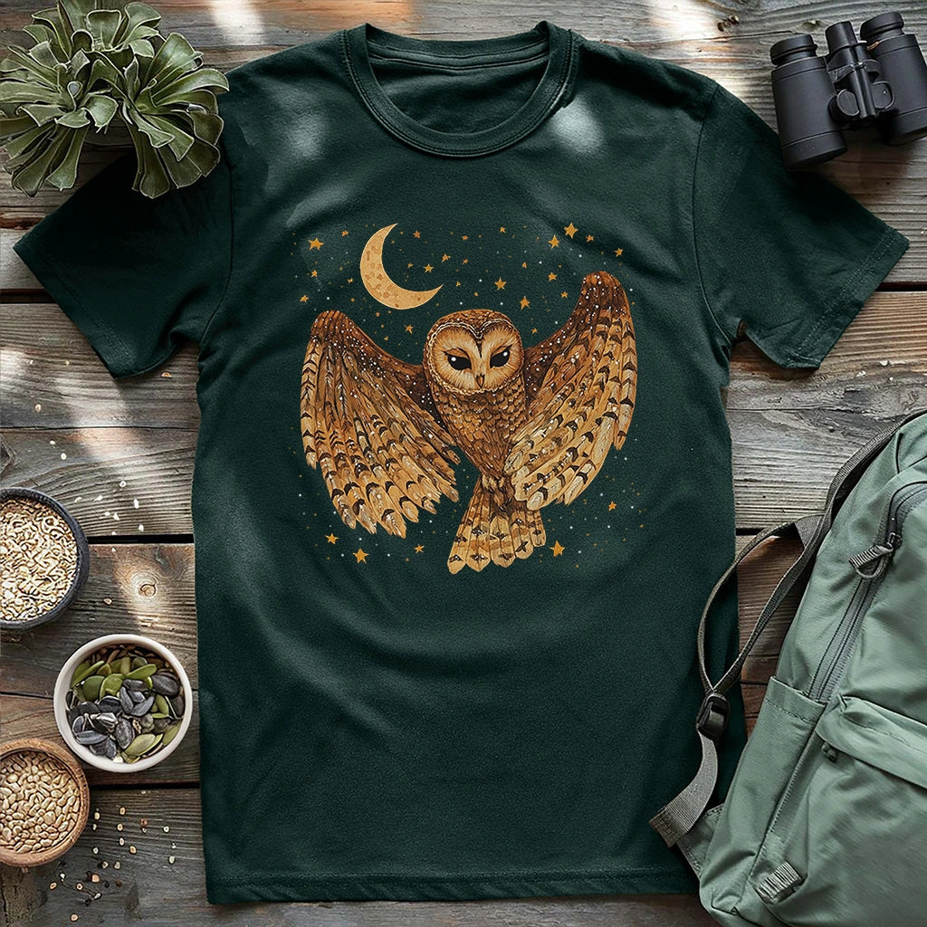 Forest green owl graphic t-shirt with celestial moon and star print
