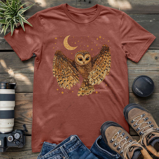 Heather mauve owl graphic t-shirt with starry night illustration