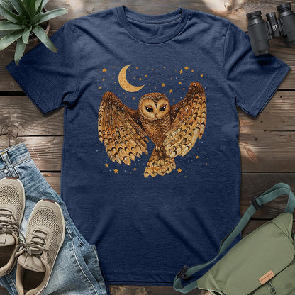 Heather navy owl graphic t-shirt with celestial owl artwork