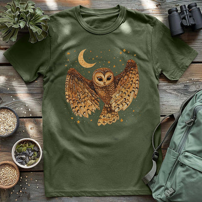 Military green owl graphic t-shirt with moon and stars design