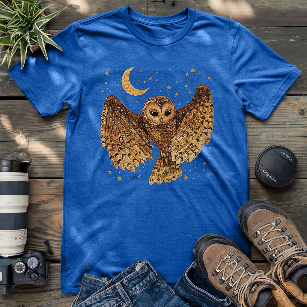 Royal blue owl graphic t-shirt with flying owl and moon design
