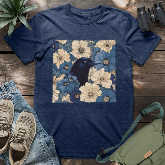 Beautiful crow in a flower field shirt.