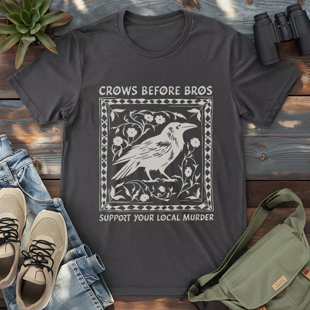 Dark grey heather tee with folk-style crow and humor text design