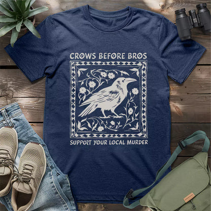 Heather navy t-shirt with illustrated crow and “Support Your Local Murder” slogan