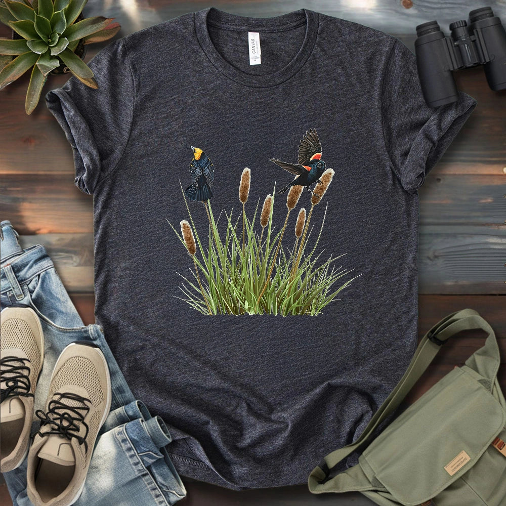 Blackbirds On Cattail Field T-shirt