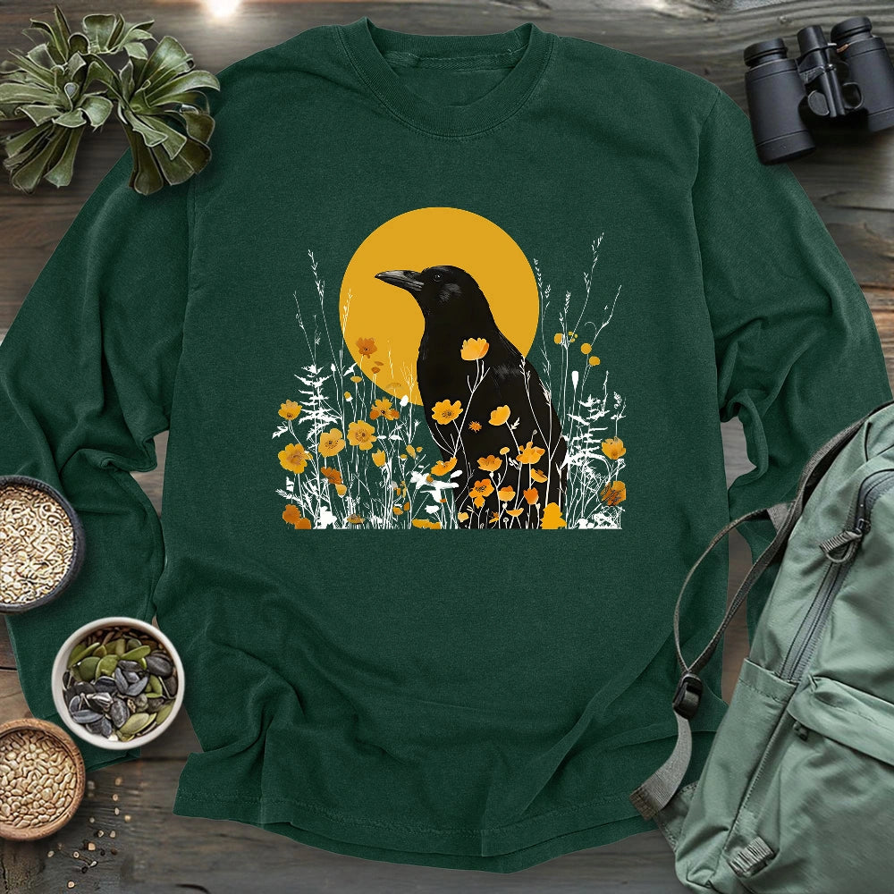 American Crow With Poppies Long Sleeve T-shirt
