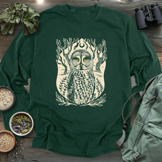Great Grey Owl Linocut Long Sleeve T-shirt