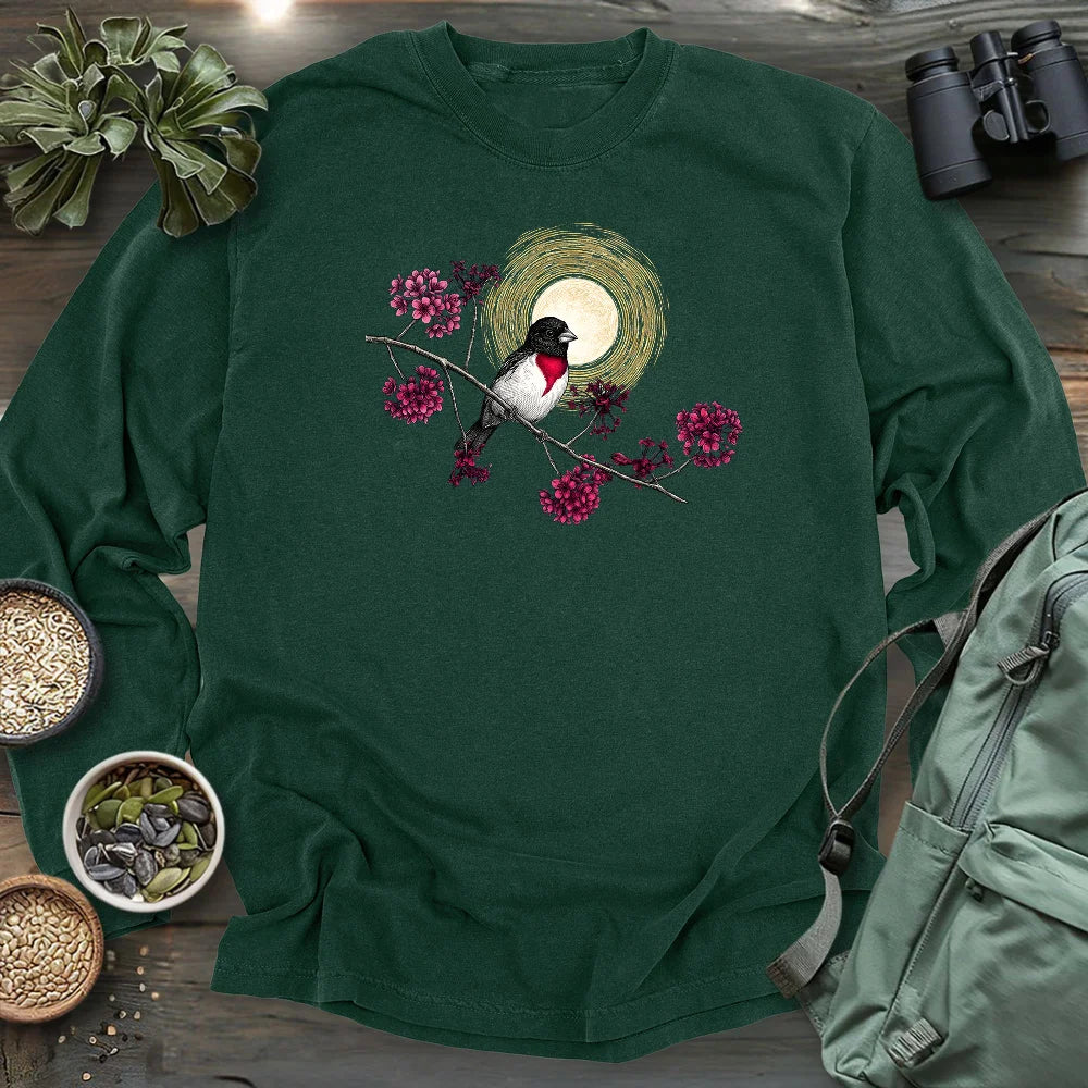 Grosbeak Under Forest's Moonlight Long Sleeve T-shirt