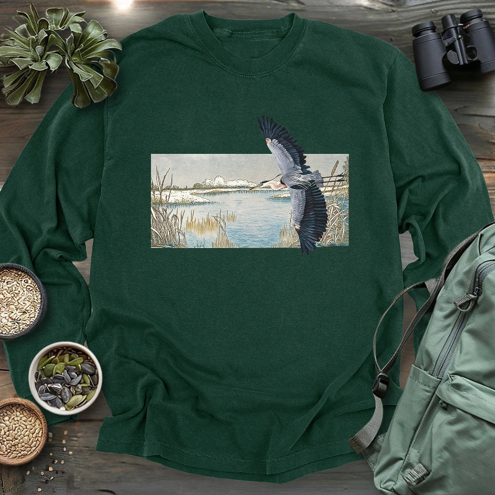 Heron Flying Over Marsh Long Sleeve T-shirt