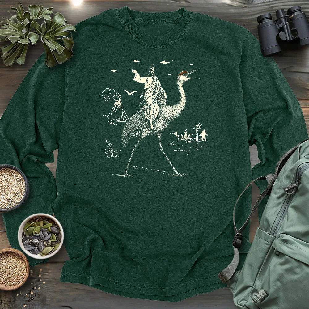 Jesus Riding Sandhill Crane Long Sleeve T-shirt