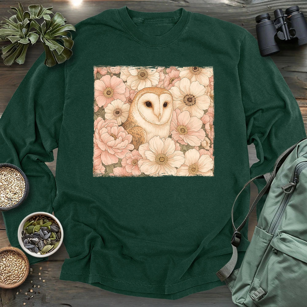 Owl In Flower Field Long Sleeve T-shirt