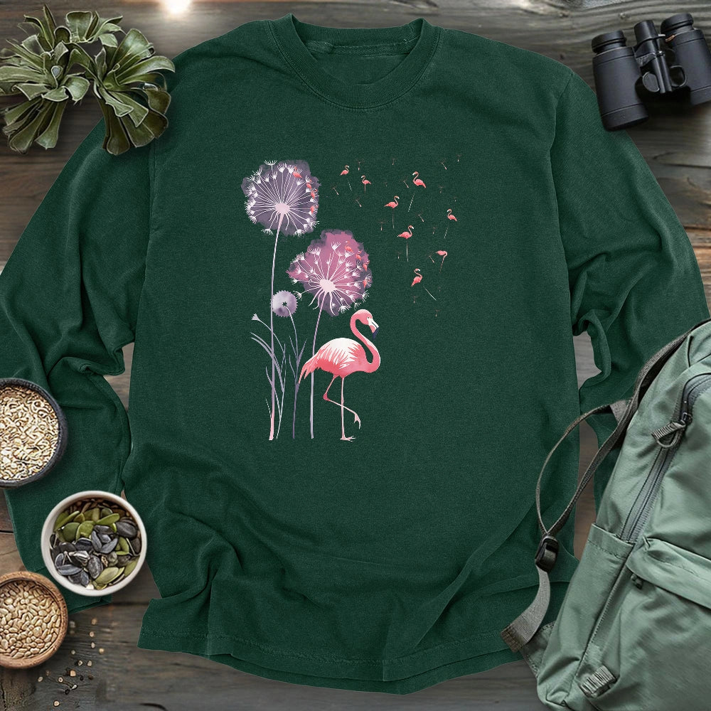 Pink Flamingo Dandelion Long Sleeve T-shirt