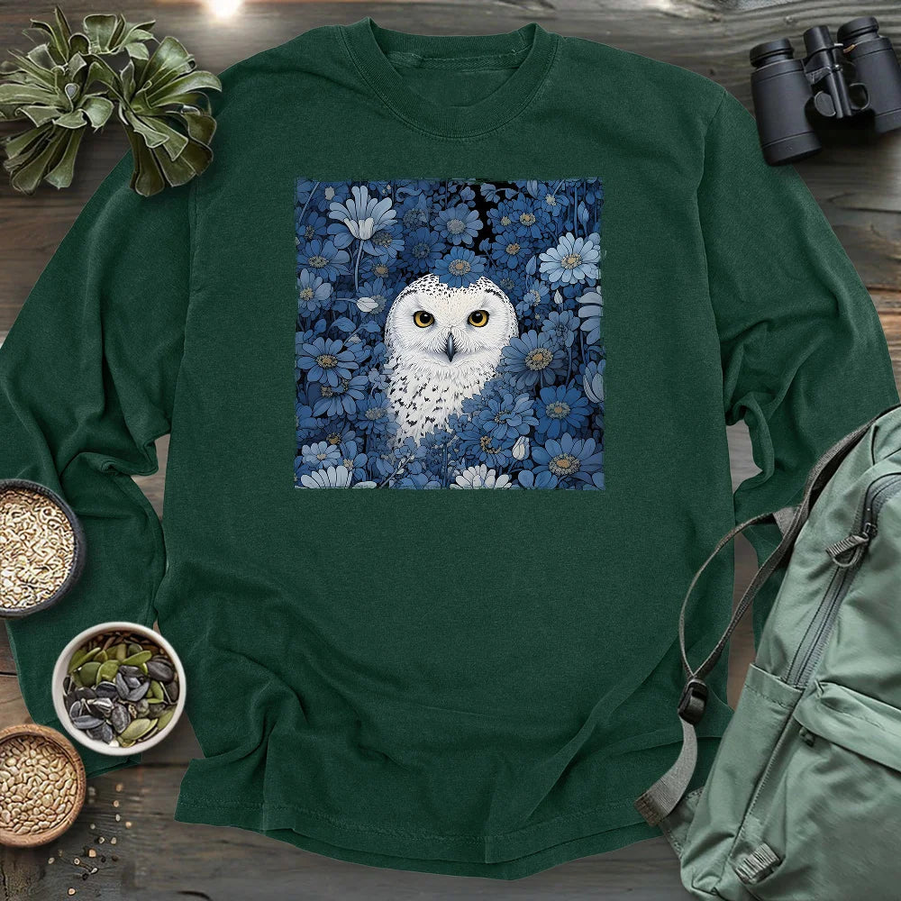 Snowy Owl In Flower Field Long Sleeve T-shirt