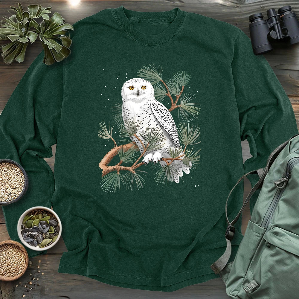 Snowy Owl On Coniferous Tree Long Sleeve T-shirt