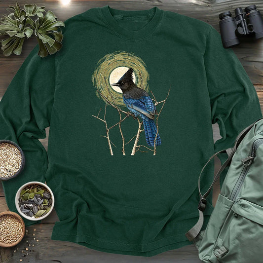 Steller's Jay Under Forest Moonlight Long Sleeve T-shirt