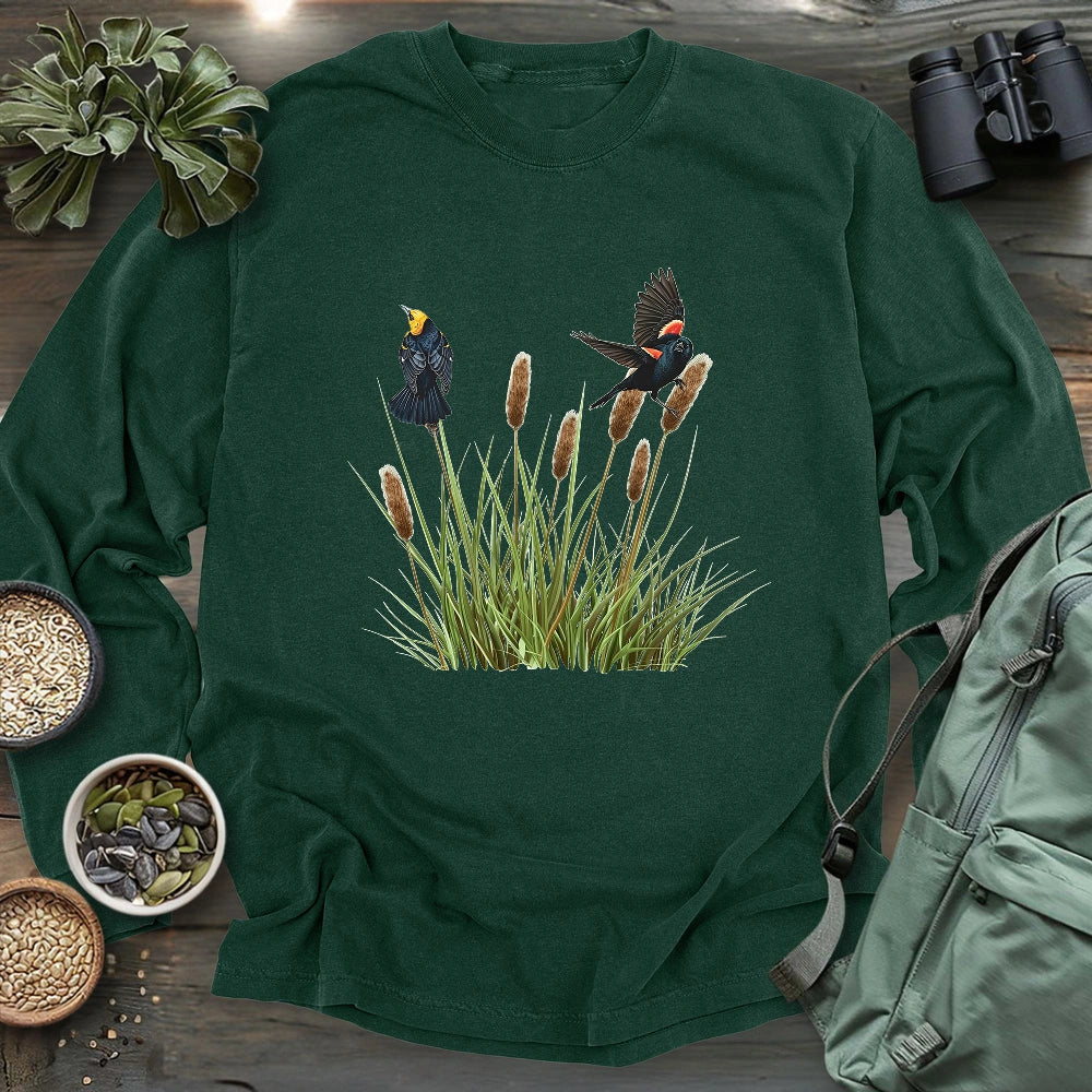 Blackbirds On Cattail Field Long Sleeve T-shirt