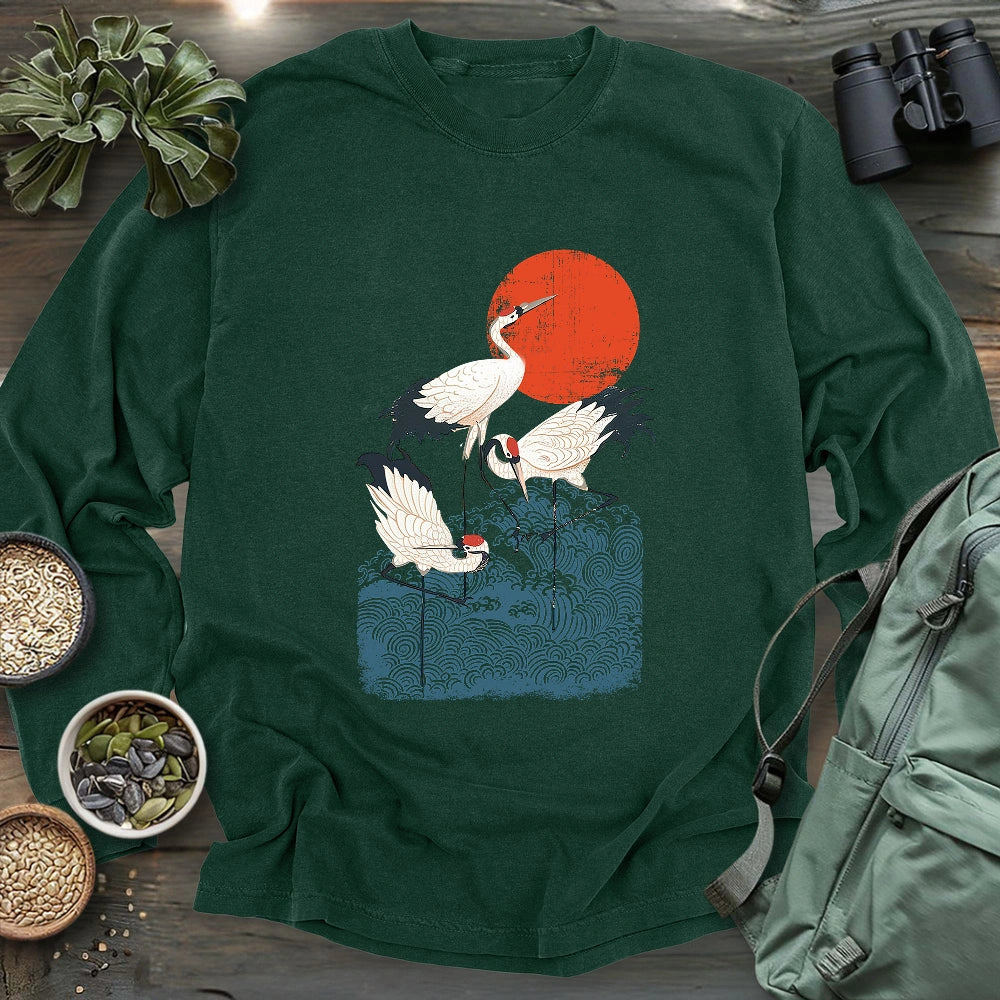 Crimson Sun Cranes Long Sleeve T-shirt