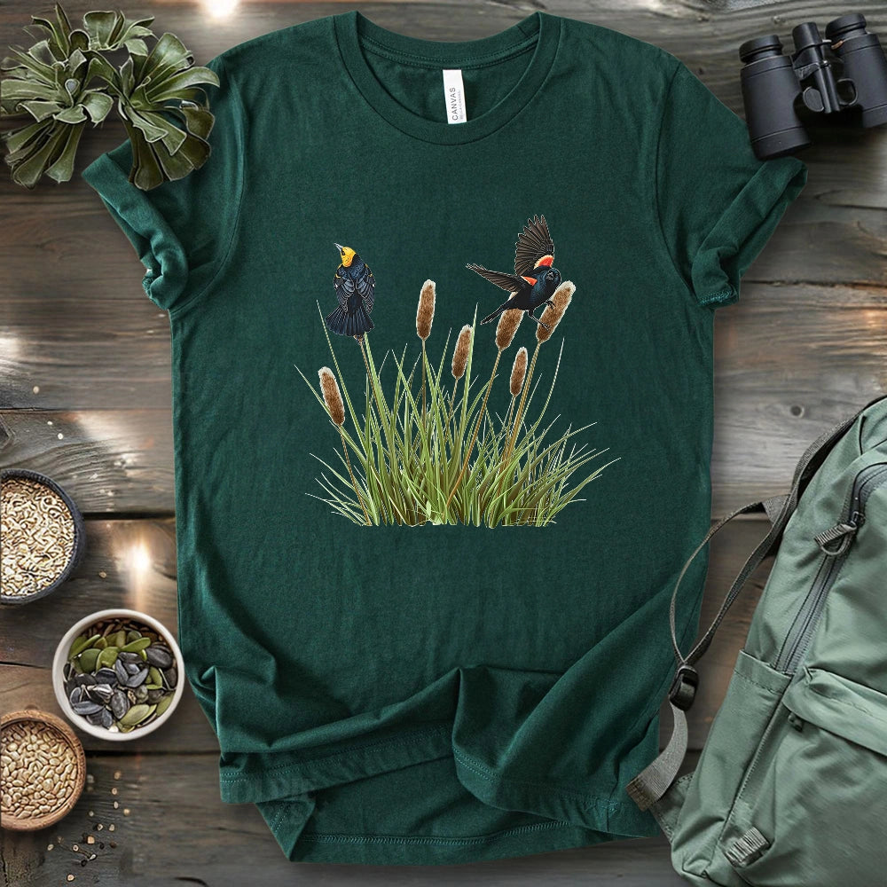 Blackbirds On Cattail Field T-shirt
