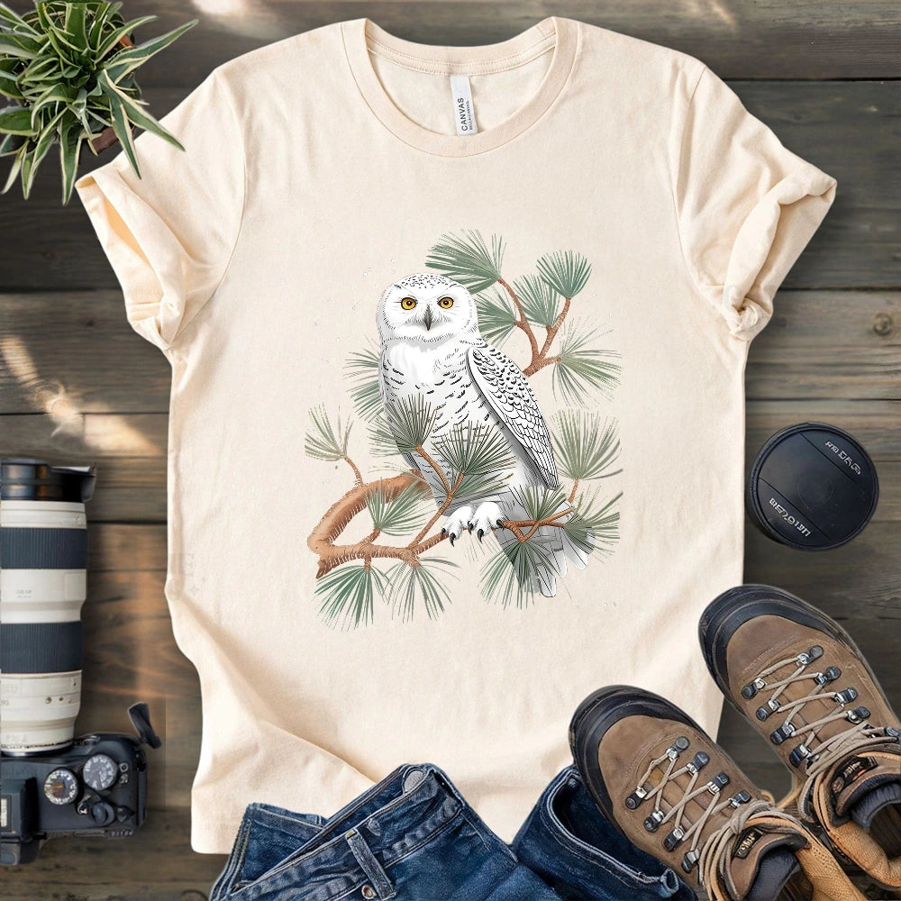 Snowy Owl On Coniferous Tree T-shirt