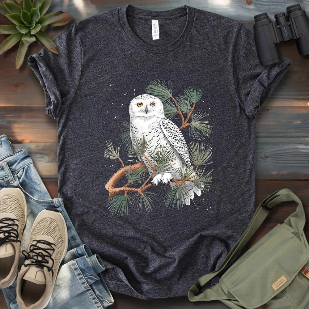 Snowy Owl On Coniferous Tree T-shirt