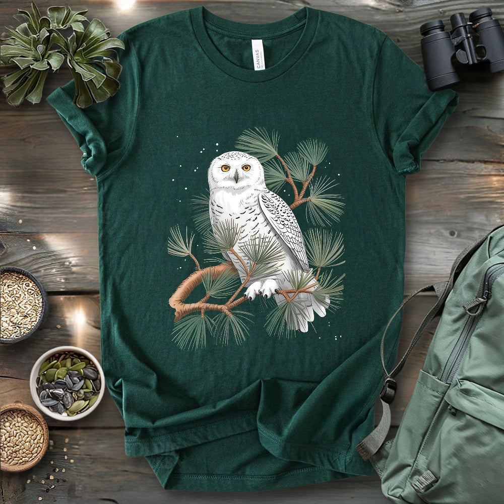 Snowy Owl On Coniferous Tree T-shirt