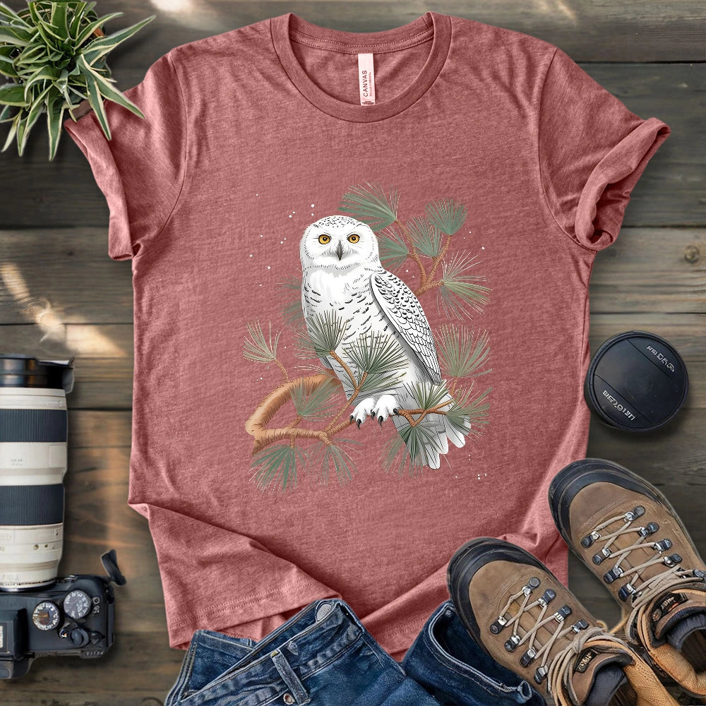 Snowy Owl On Coniferous Tree T-shirt