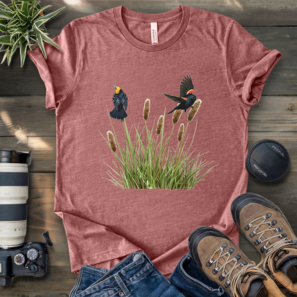 Blackbirds On Cattail Field T-shirt