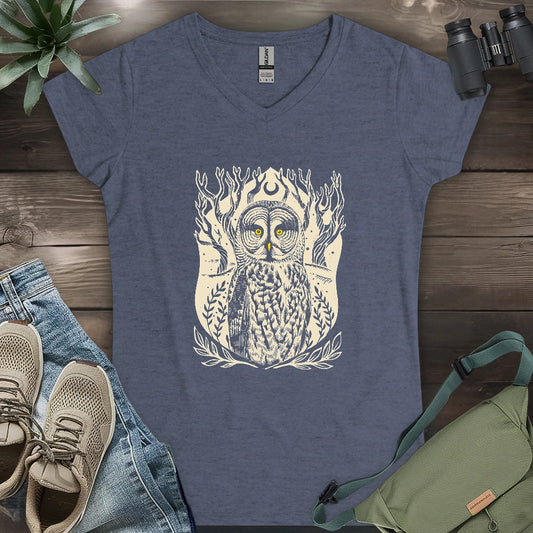 Great Grey Owl Linocut Lady V-neck