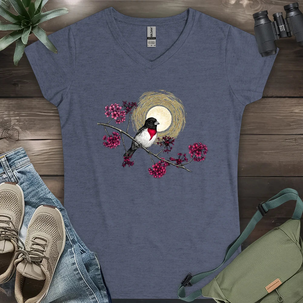 Grosbeak Under Forest's Moonlight Lady V-neck