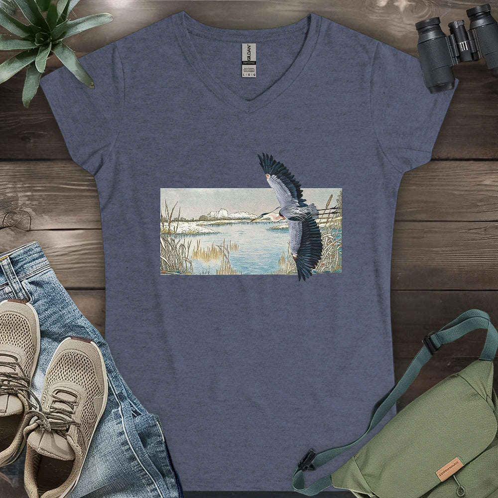 Heron Flying Over Marsh Lady V-neck