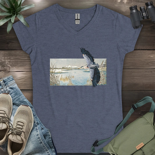Heron Flying Over Marsh Lady V-neck